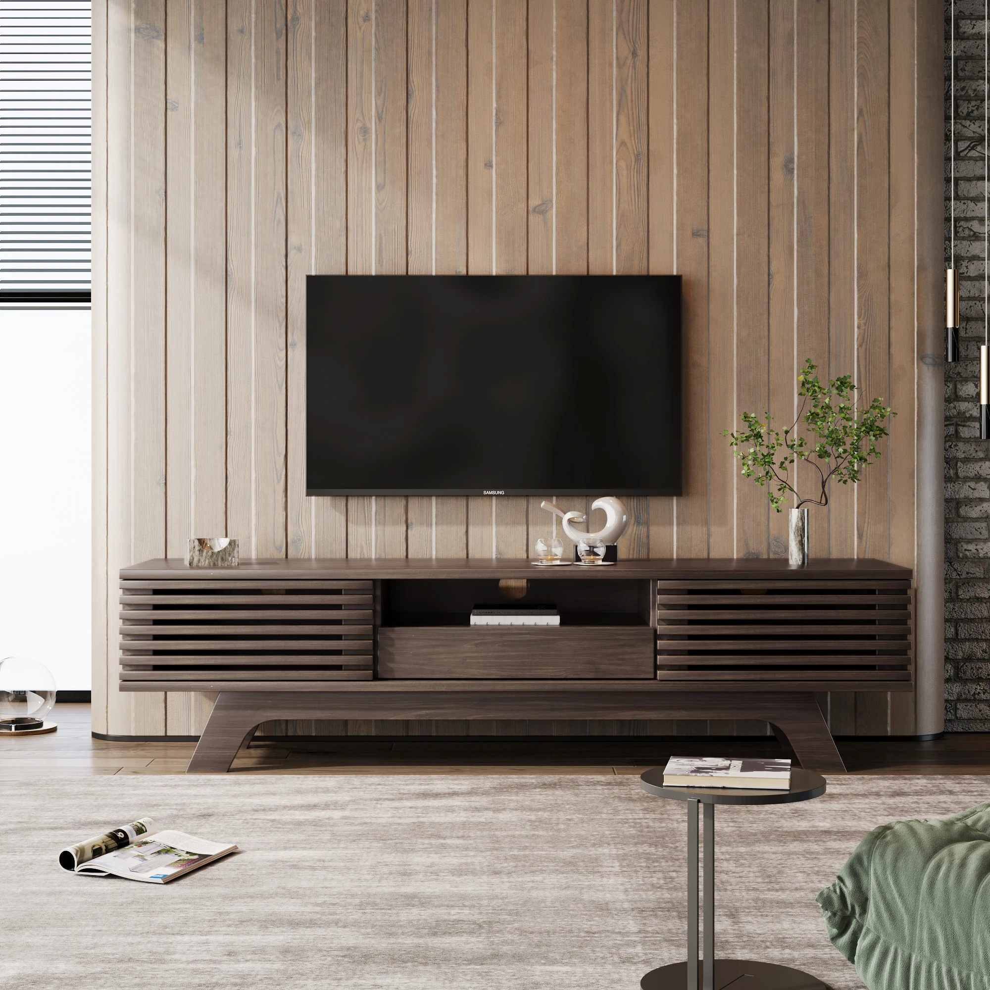 Meuble TV avec un tiroir et deux portes, meuble TV, panneau TV, meuble TV bas, design unique, couleur bois vintage 150*35*44 cm