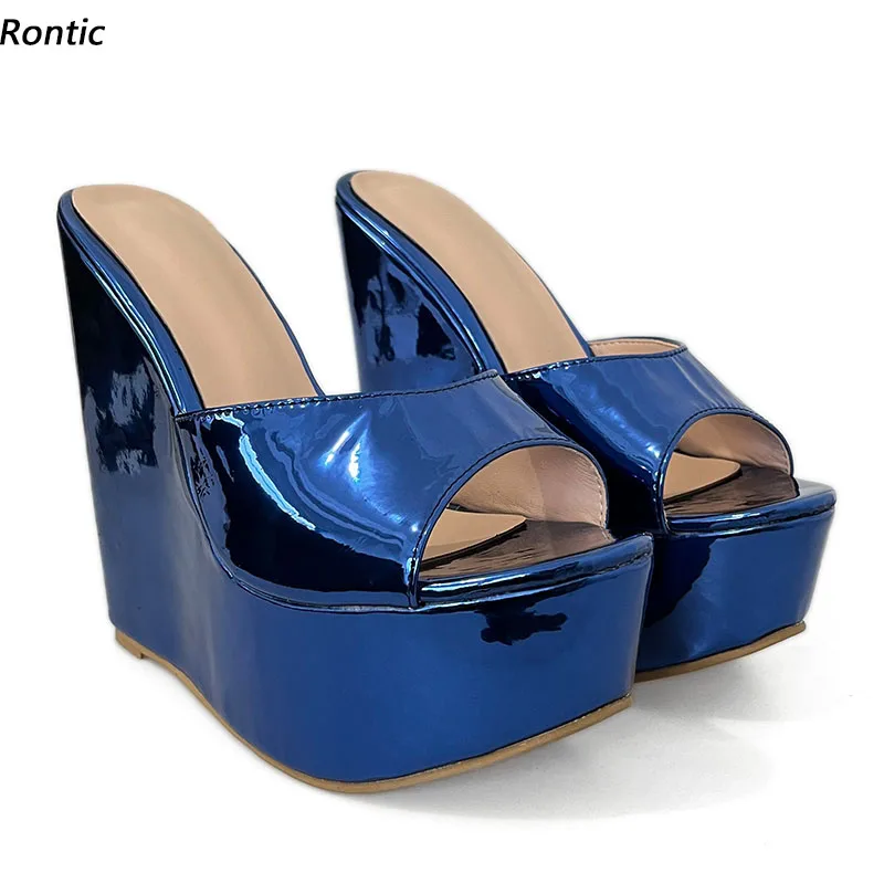 Rontic Neue Ankunft Frauen Sommer Pantoletten Sandalen Unisex Keile Heels Offene spitze Wunderschöne Metallic Blau Fuchsia Schuhe UNS Größe 5-20