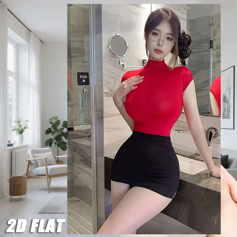 Frau in Rotem Oberteil und Schwarzem Minirock Wanddekoration, Bürodame Porträt Metallschild, Retro-Plakette für Hausbar-Dekoration Image