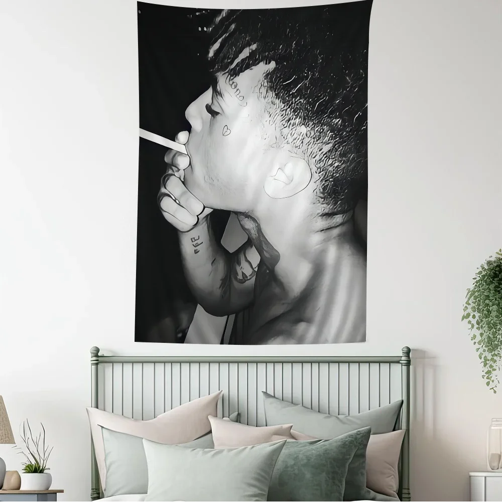 XXXTentacion Monochromer Wandteppich, schwarzer Profil-Druck mit Rauchmotiv, Hip-Hop-Rapper-Wanddekoration für Schlafzimmer und Musikfans