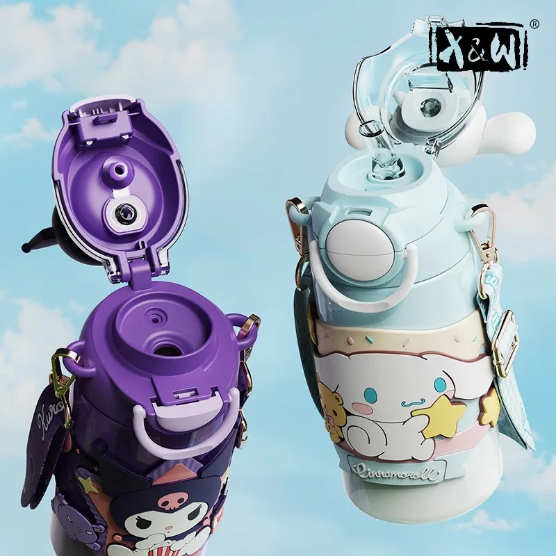 X&W 600ML Kawaii Sanrio Charaktere Thermoskanne mit 3D-Figuren-Deckel, 316 Edelstahl Doppel-Trinkhalm-Becher, Tragbarer Reisebecher Image
