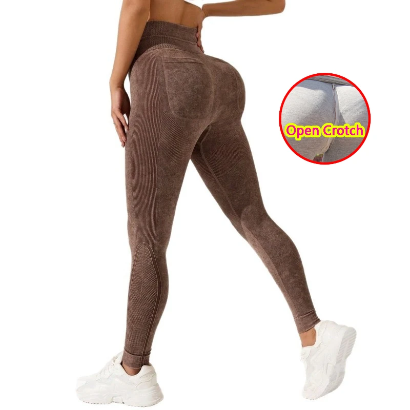 Damen-Hose mit offenem Schritt, hoher Taille, verstecktem Reißverschluss, Leggings, doppelter Po-Ausschnitt, sportliche Hose mit Taschen für Fitness, Wandern, Workout Image