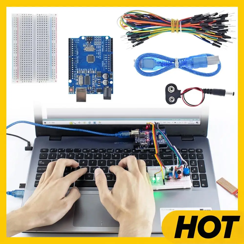 Pädagogisches Programmier-Set mit Steckbrett, Netzteil, Widerständen, LEDs, Sensoren - Elektronik-Basis-Starter-Kit für Arduino UNO R3 Image