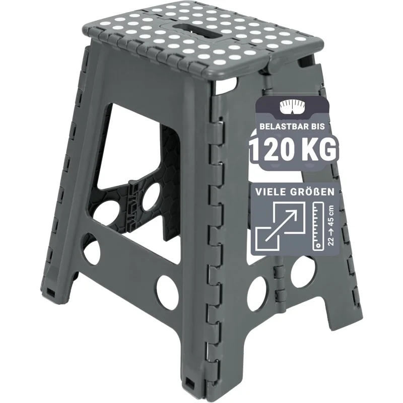 43cm Tritthocker Klappbar in Grau – Belastbar bis 136kg, Faltbarer Hocker mit Tragegriff, Platzsparender Klapphocker