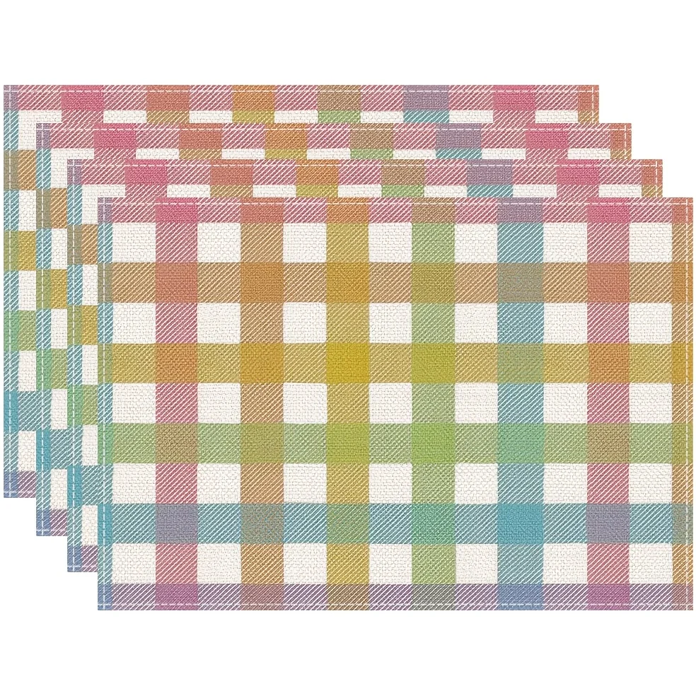 Set mit 4 flachen 2D-Tischsets in Blau, Rosa und Gelb mit Buffalo-Karo-Muster, perfekt für Osterfeiern und als Küchen- und Esszimmerdekoration Image