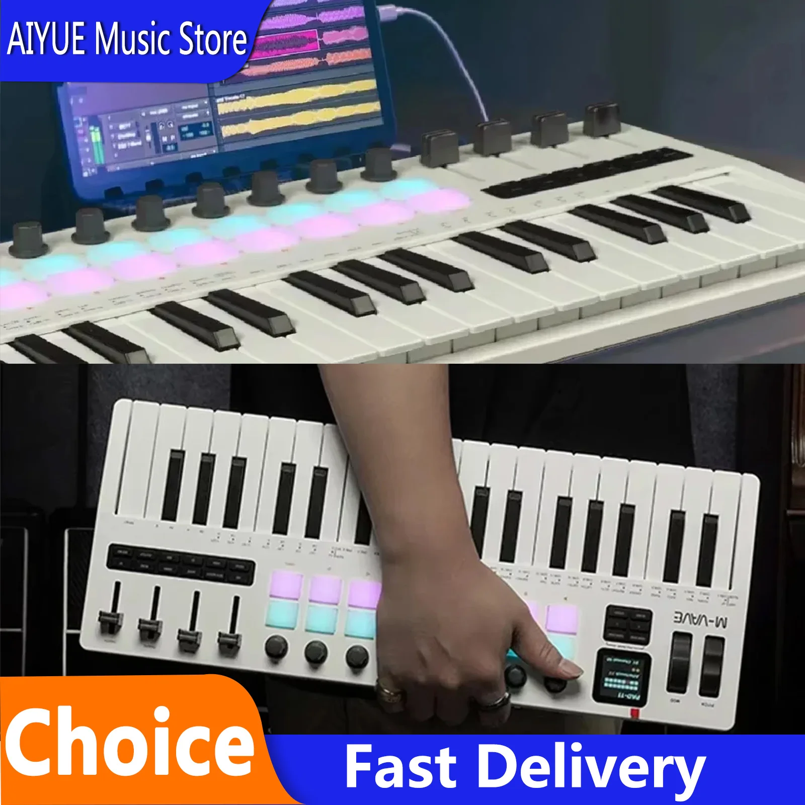 M-VAVE SMK-37 PRO Keyboard 37-Tasten-MIDI-Controller für WINDOWS MAC IOS Android ​ mit integriertem Synthesizer-Engine, 8 Drehreglern + 4 16 RGB-Pads Image