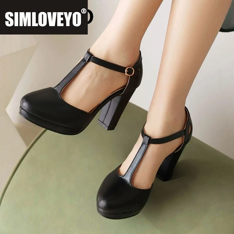SIMLOVEYO Sexy Weibliche Sandalen Runde Kappe Schnalle T-Strap Block Heels 9 cm Plattform Plus Größe 41 42 43 mode Dating Party Schuhe