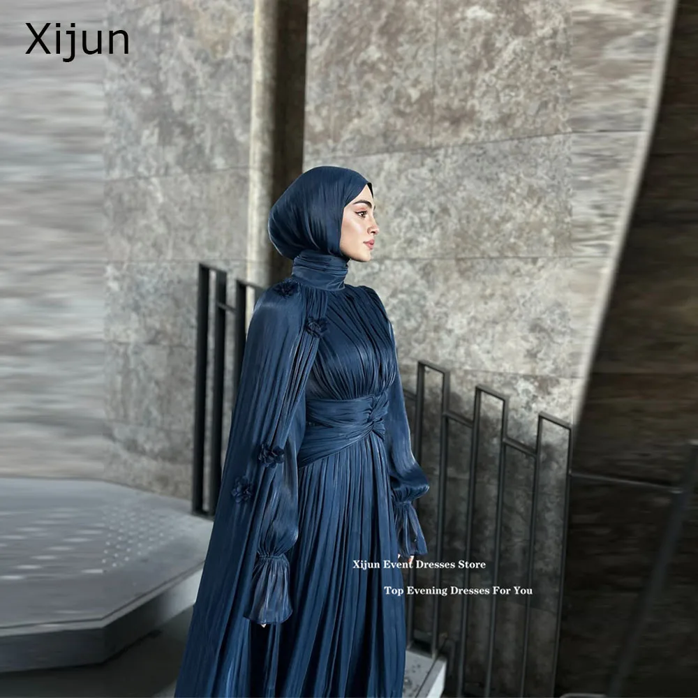 Abiti da sera blu Xijun modesti a maniche lunghe, abiti da ballo di lusso a trapezio stile Dubai, abiti da ballo formali con mantello plissettato, personalizzabili per donne musulmane