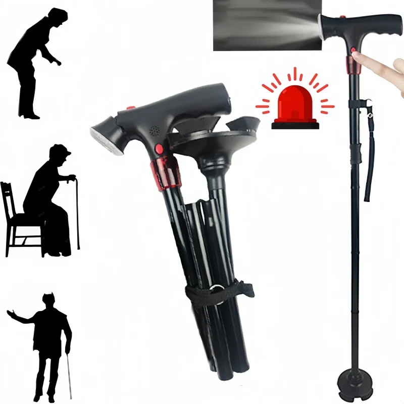Zusammenklappbarer Gehstock für ältere Menschen mit gepuffertem T-Griff und drehbarem Gehstock mit Quad-Basis, LED-Licht und Alarm Image