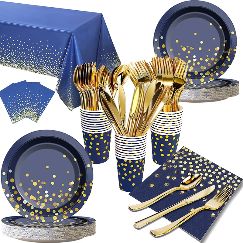 Marineblaues Gold-Partydekorationen, blaues und goldenes Einweggeschirr-Set, Pappteller, Tassen, Servietten, Tischdecke, Hochzeitstag Image