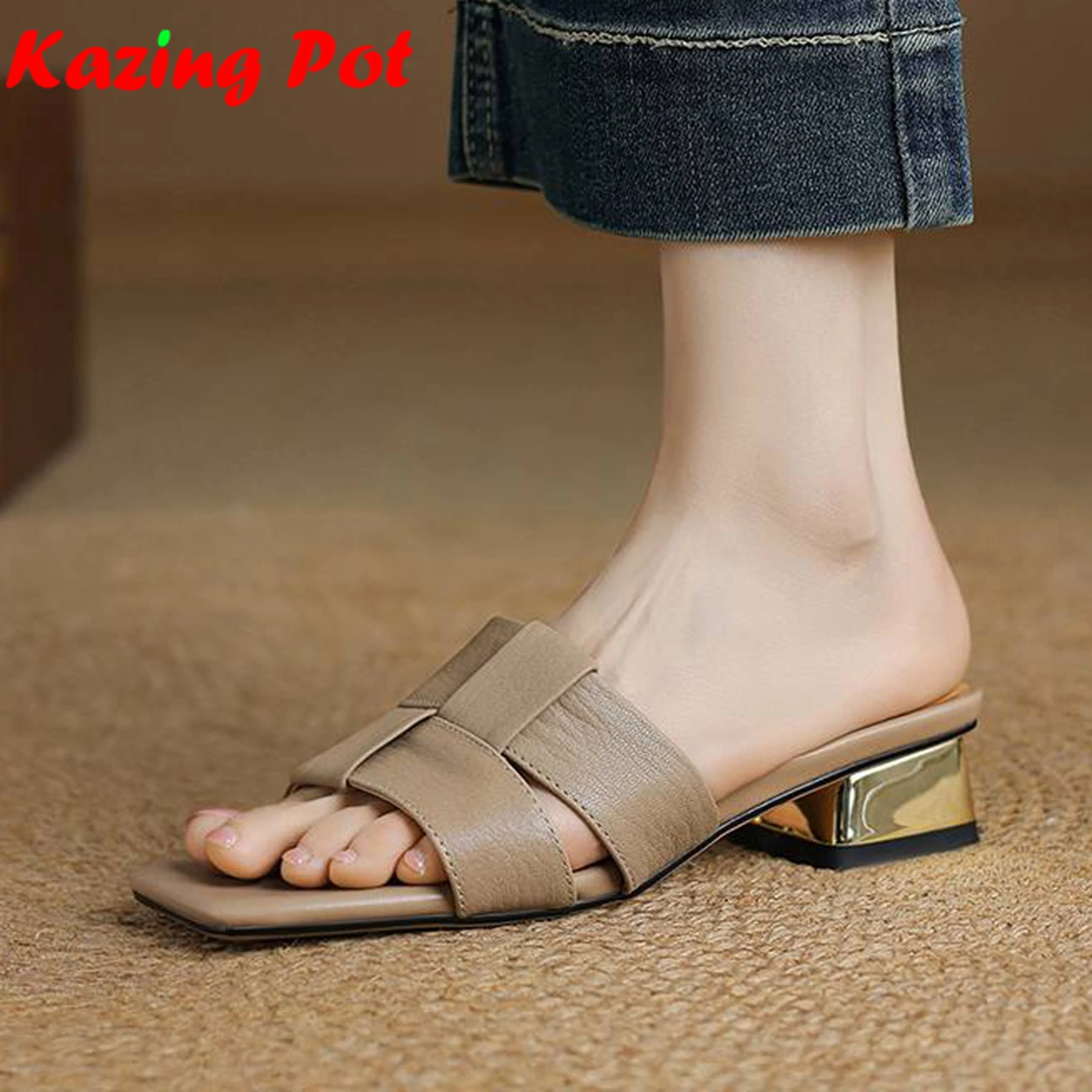Krazing Pot Sheepskin New Mules Peep Toe Low Heels Beauty Lady Preppy Style Summer Shoes Office Lady Brand Size 43 Women Sandals