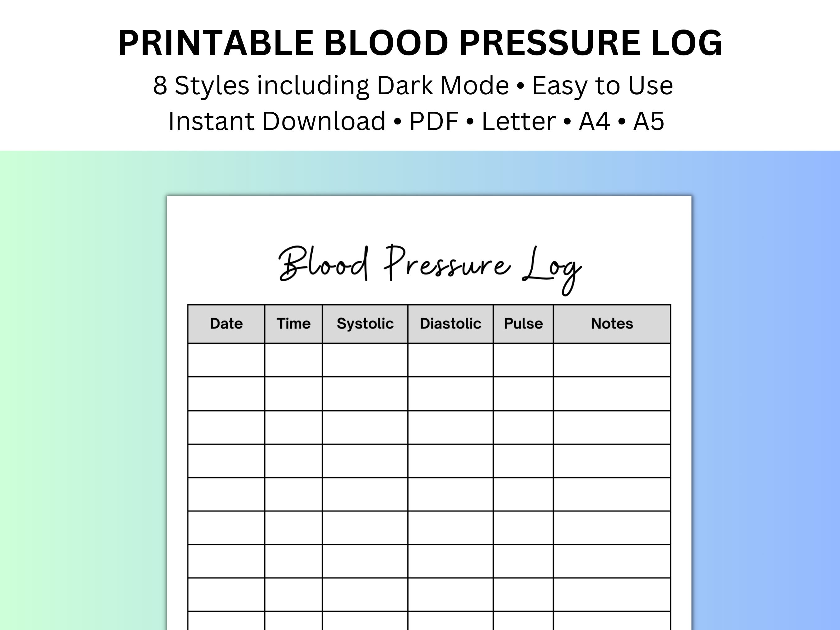 Foglio stampabile della pressione sanguigna per anziani Registro della pressione sanguigna Grafico della pressione sanguigna Monitor della pressione s