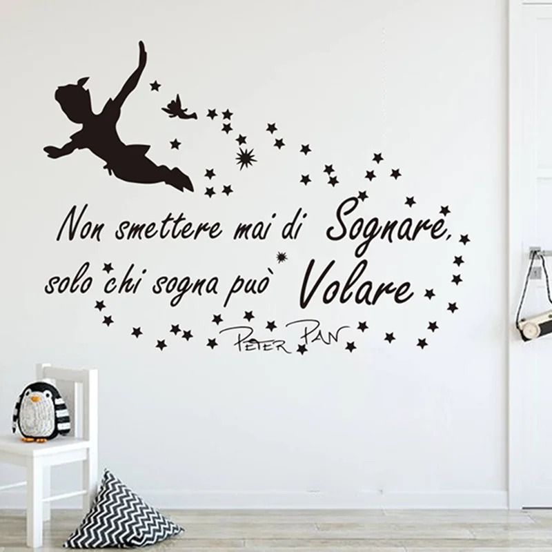 Italian Peter Pan Never Stop Dreaming Wall Decal Enchanting Nursery & Kids Room Decor green 22 X 16.5 In