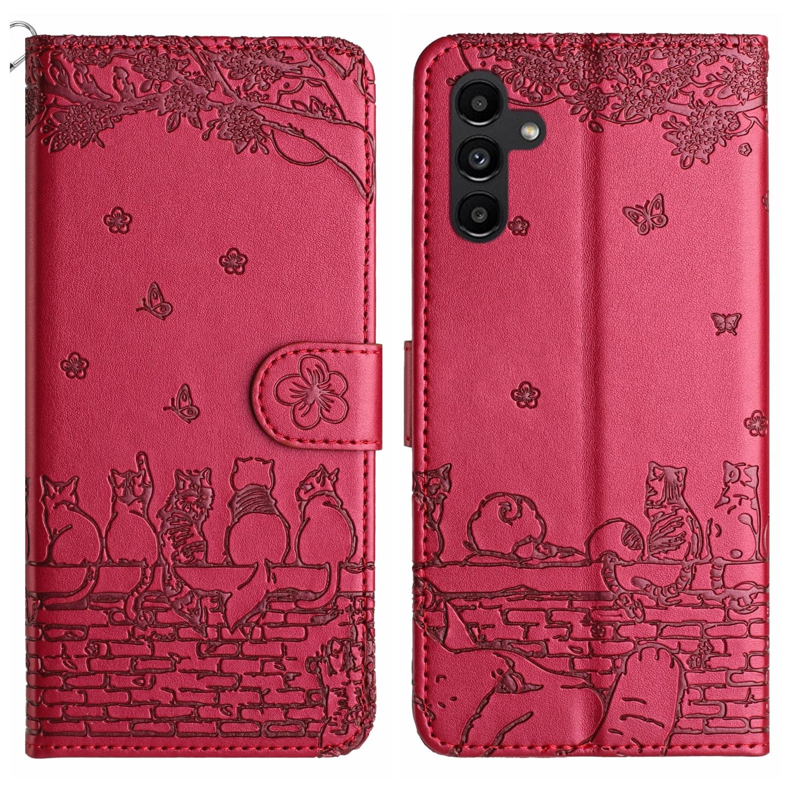 Cute Cat Embossed Wallet Phone Case For Samsung Galaxy With Card Holder And Lanyard For Samsung Galaxy S22 Ultra red