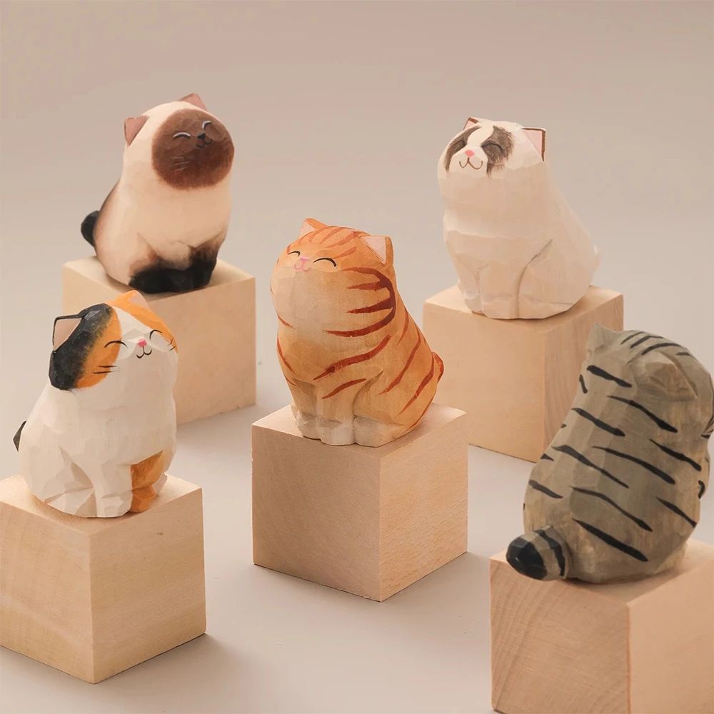 Handcrafted Wooden Cat Figurine Cute Kitten Desk Decor & Animal Car Ornament 5