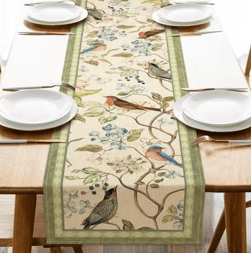 Vintage Floral Bird Linen Table Runner Farmhouse Summer Garden Dining Decor 1 180x33cm 70.8x13inch