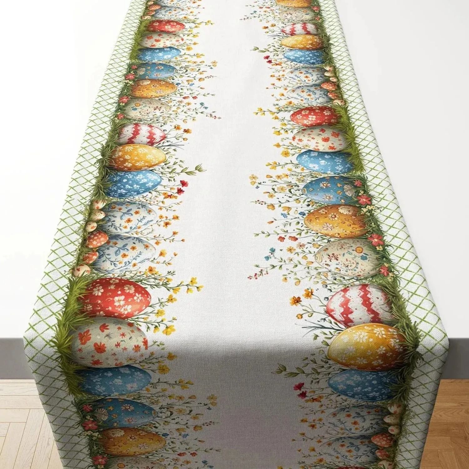 Scandinavian Garden Easter Egg & Plaid Table Runner 1.1 X 7.6 Ft (33 X 230 Cm)