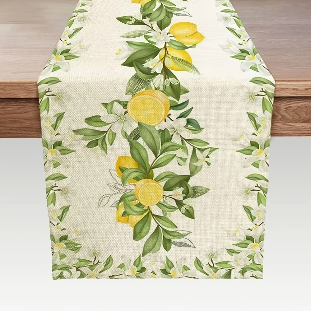 Spring Summer Lemon & Floral Linen Table Runner Refreshing Seasonal Dresser Scarf & Botanical Holiday Party Decor 59 X 13 In (150x33 Cm)