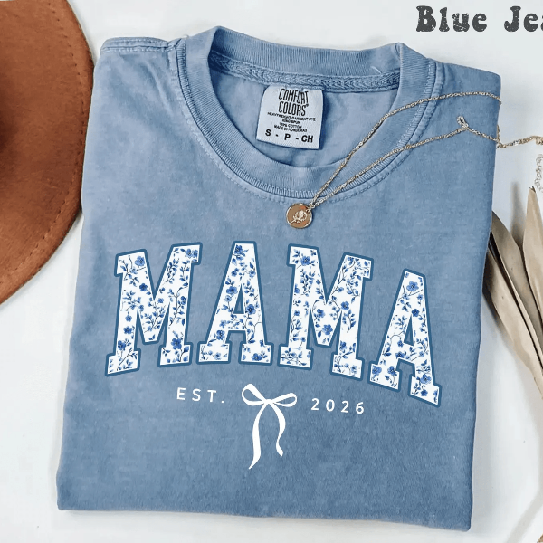 Personalized Mama Shirt Comfort Colors Blue Toile Floral Est Year Coquette Mom Tee Gift mustard s t Shirt