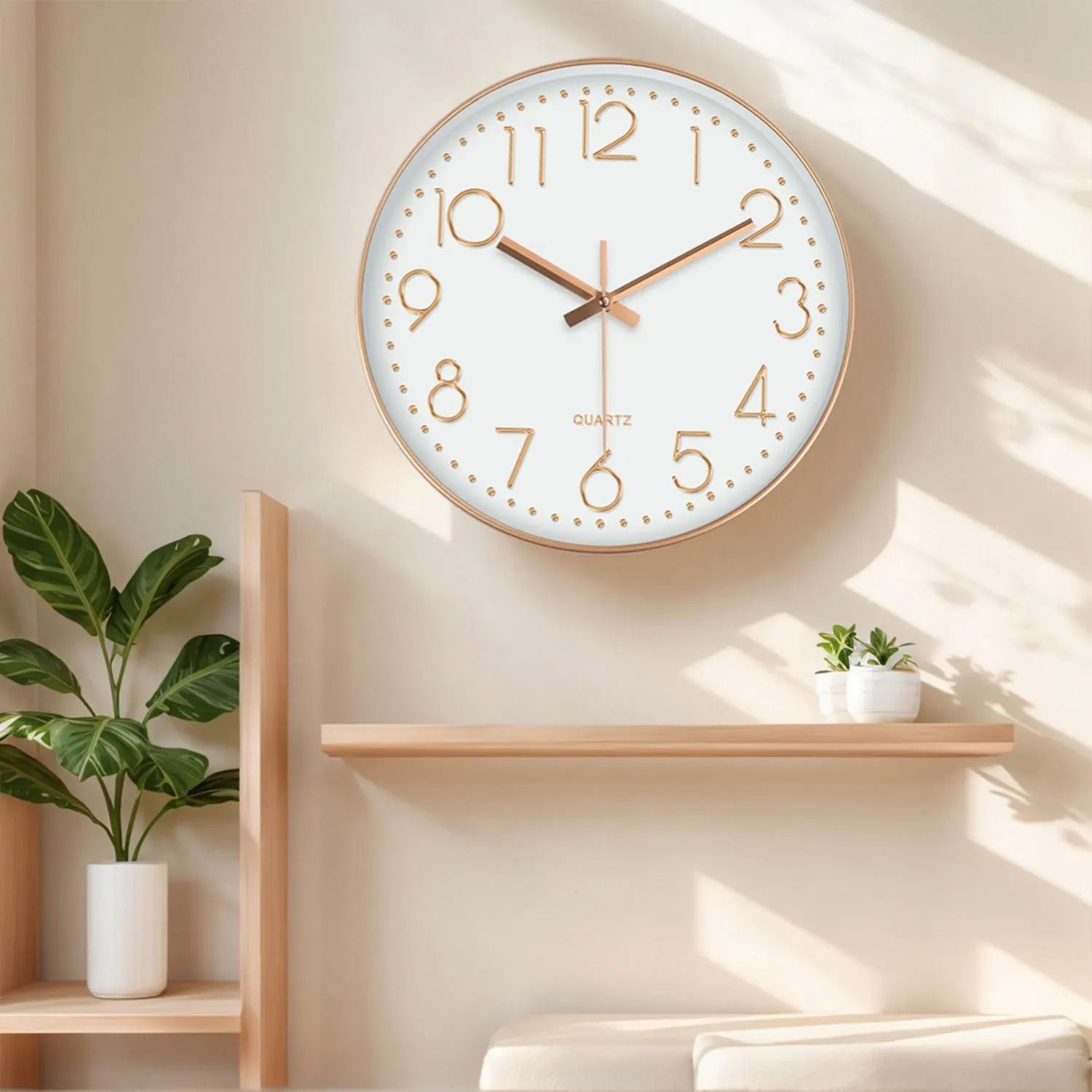 Minimalist Silent Quartz Wall Clock Modern 3D Number Wall Decor white Golden 8 In