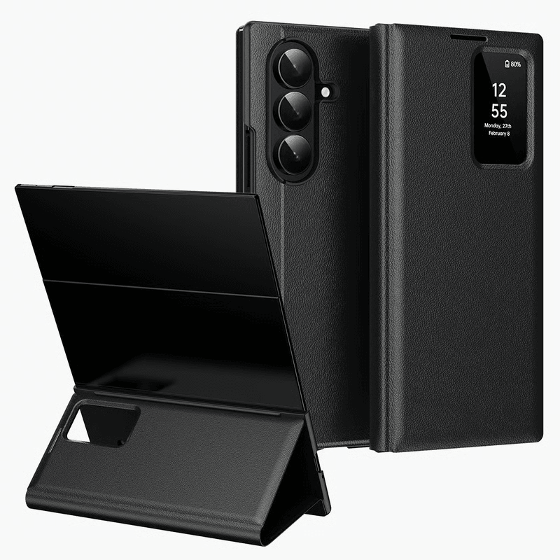 Premium Smart View Window Leather Case With Card Slot, Protective Wallet Cover For Samsung Galaxy Phones For Samsung Galaxy Z Fold5 5G black