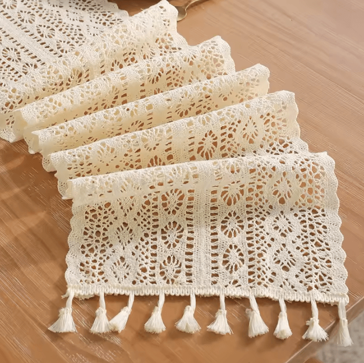 Vintage Beige Crochet Lace Table Runner Tassel Boho Farmhouse Decor beige B 24x180cm