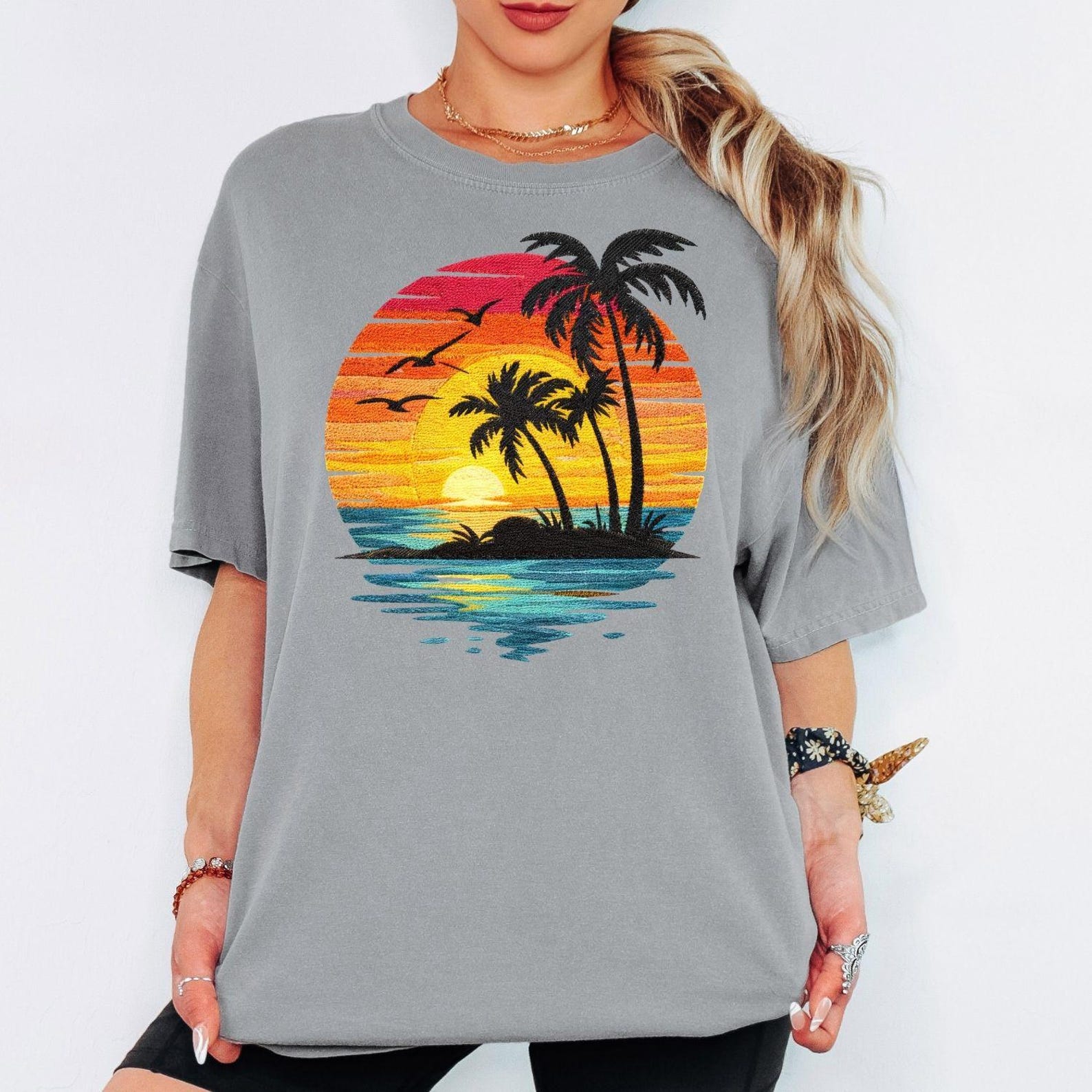 Sunset Palm Tree Shirt Tropical Beach Graphic Tee Summer Vacation Outfit pink 2xl sweatshirt