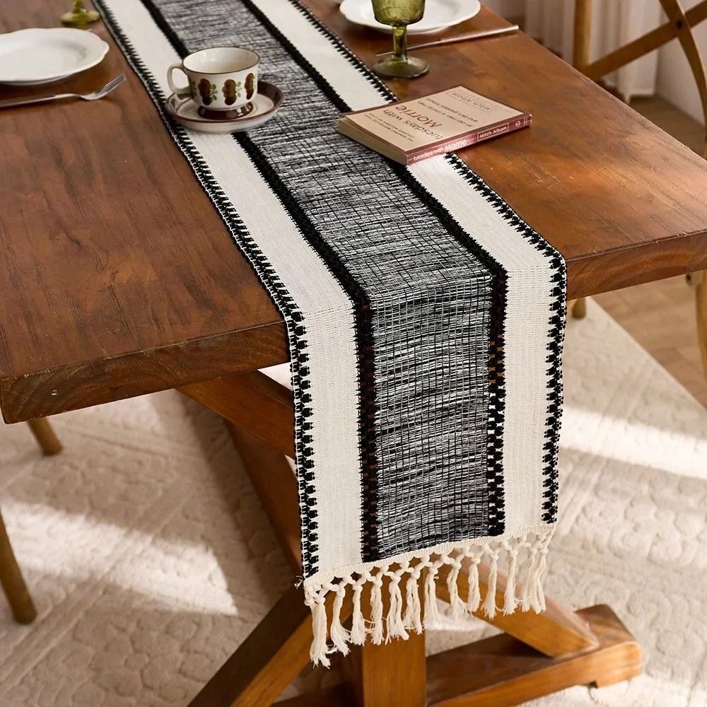 Boho Green Woven Table Runner With Tassels Rustic Table Decor black 30x220cm(4 6seats)