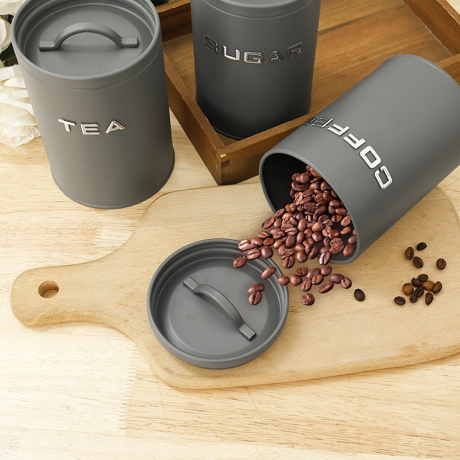 Airtight Coffee Tea Sugar Canister Set 3pcs Grey