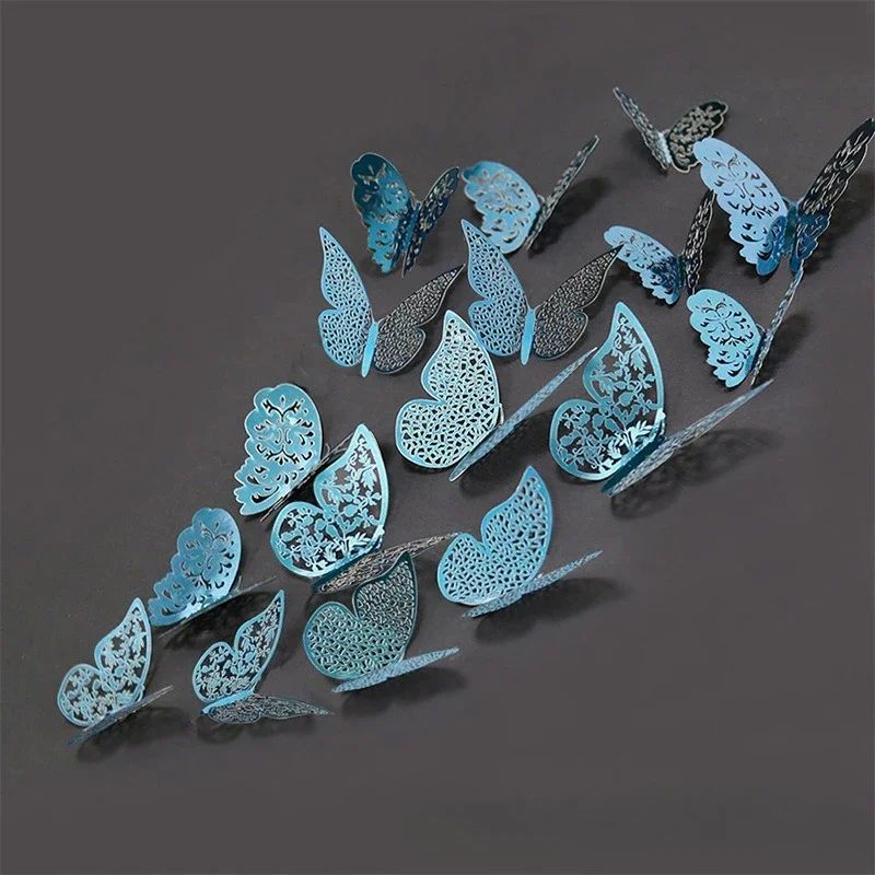 3D Mirror Butterfly Wall Stickers Hollow Gold, Silver & Blue DIY Room Decor 12 Pcs Green A