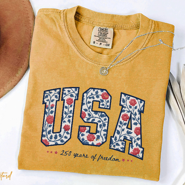 250 Years Of Freedom USA Floral T Shirt Vintage Patriotic Patchwork Tee brown s t Shirt