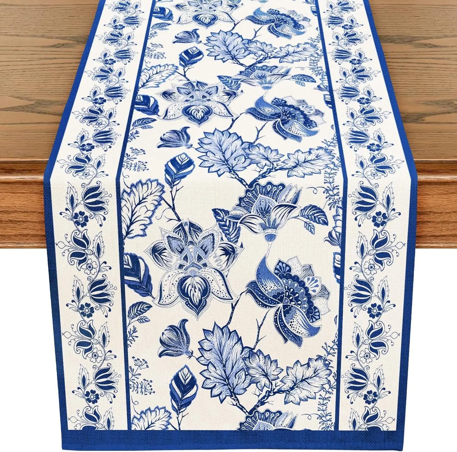 Azure Summer Floral Linen Table Runner | Botanical Farmhouse Dining Decor | Professional Holiday & Wedding Textile 180 X 33 Cm 70.8 X 13 In