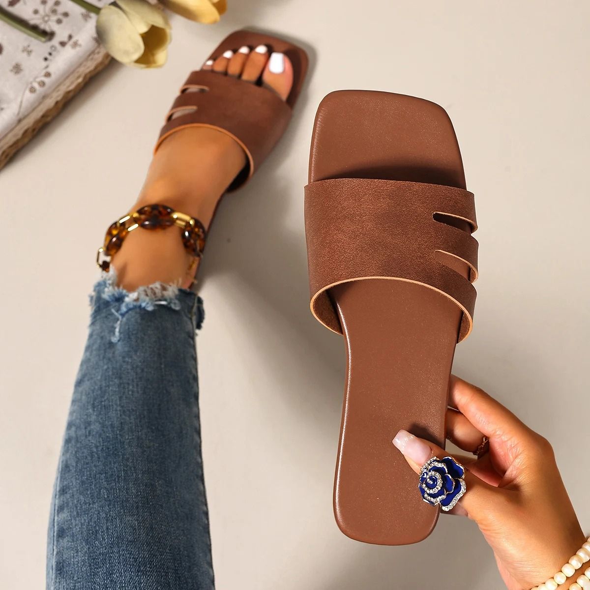 Modern Square Toe Slide Sandals Lightweight Solid Color Summer Flats brown 6