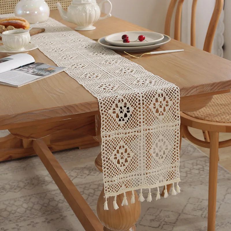 Boho Beige Macrame Table Runner Farmhouse Crochet Elegance For Dining & Events b 24x200cm