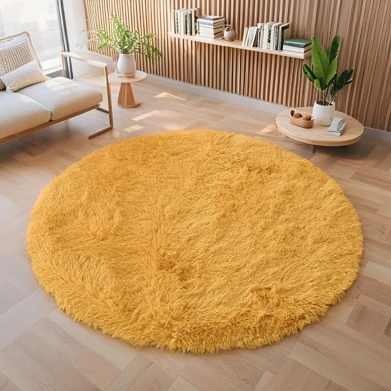 Soft Fluffy Kids Play Rug Round Nursery Carpet yellow 47inch