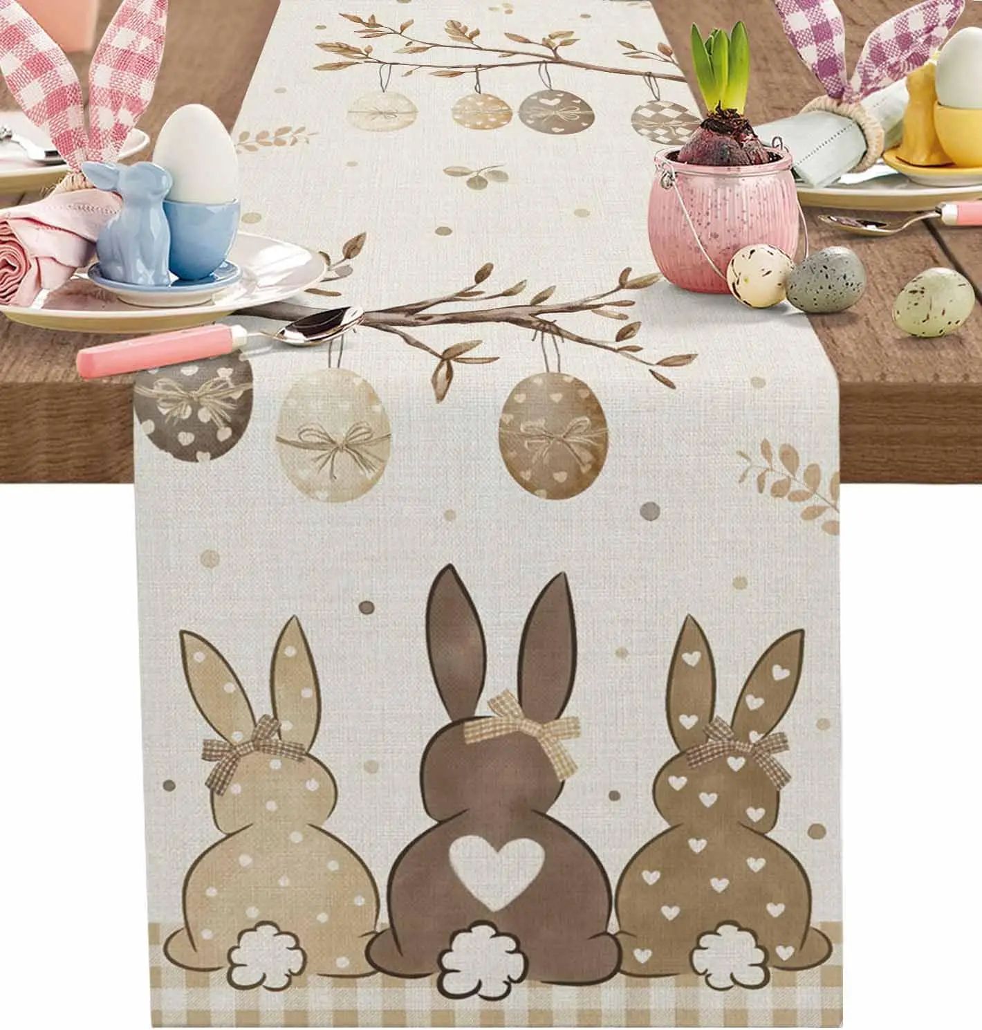 Easter Bunny Linen Table Runner For Dining Decor 01 200x33cm 78.7x13inch