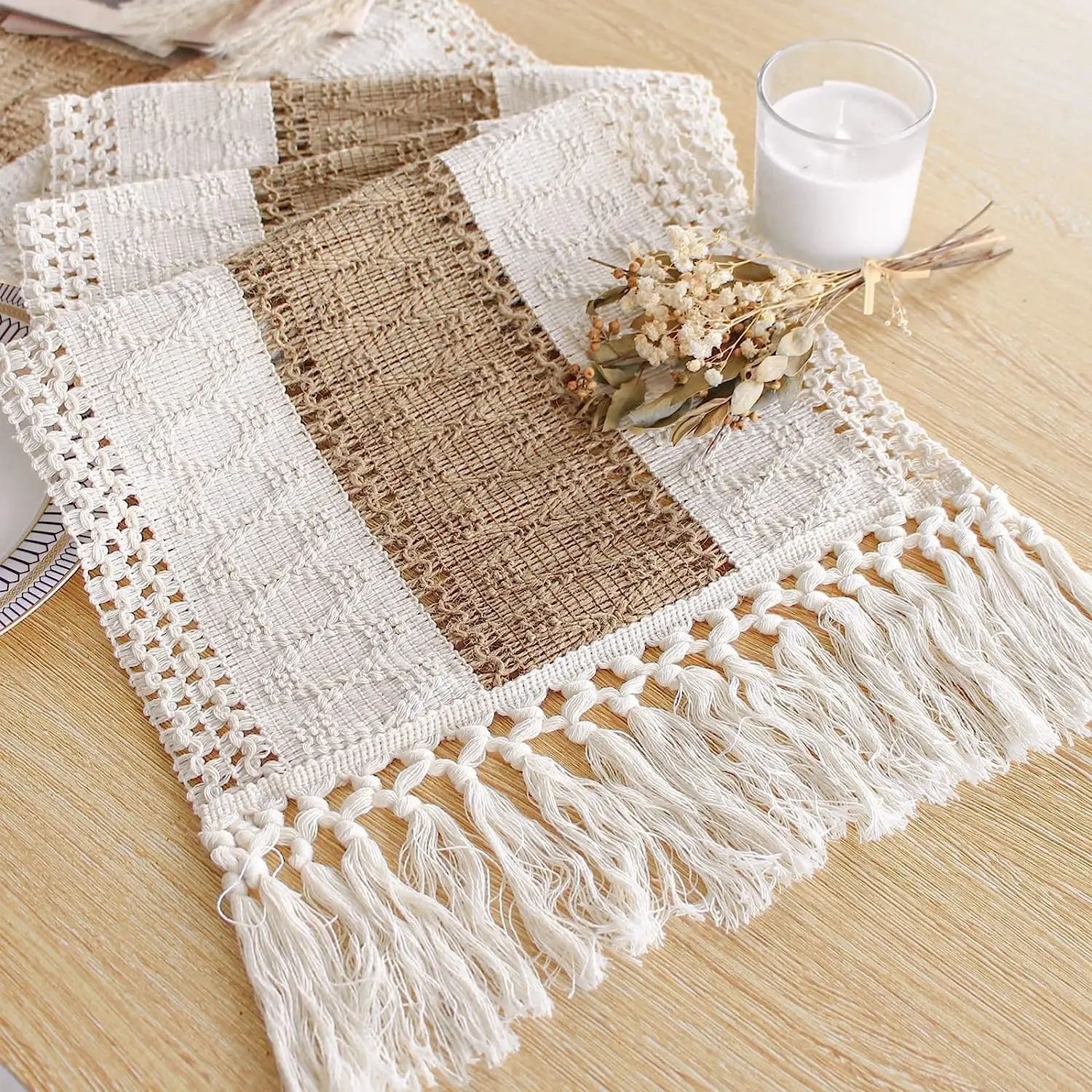 Boho Farmhouse Linen Table Runner With Tassels For Rustic Home Decor 30x180cm