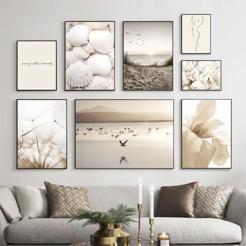 Nordic White Shell Beach Dandelion Canvas Wall Art Minimalist Living Room Decor misty Lake 15.75x19.69in