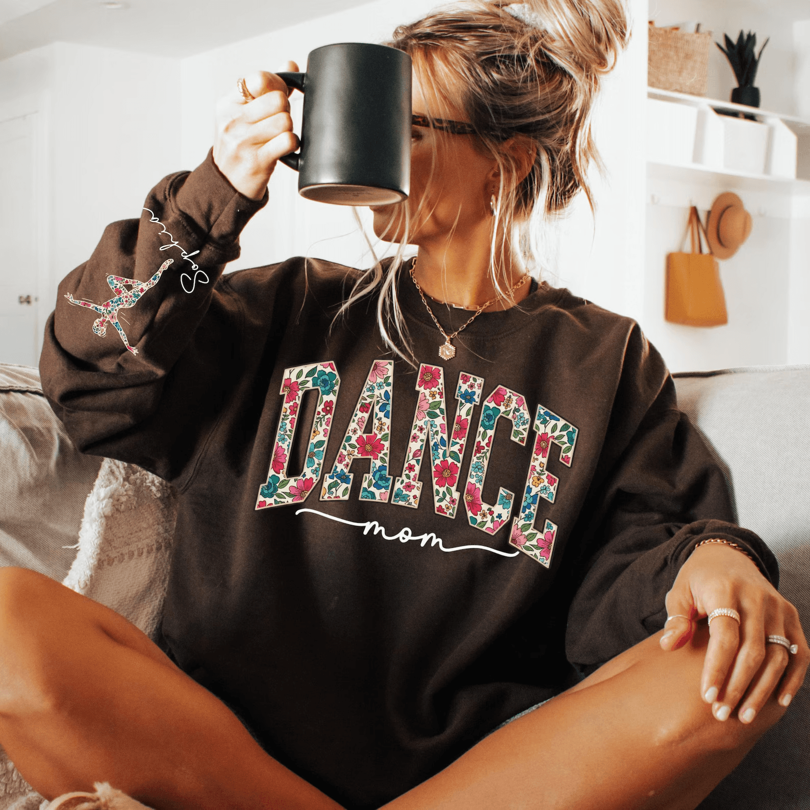 Custom Floral Dance Mom Sweatshirt Personalized Name Sleeve Mama Crewneck Gift brown s sweatshirt