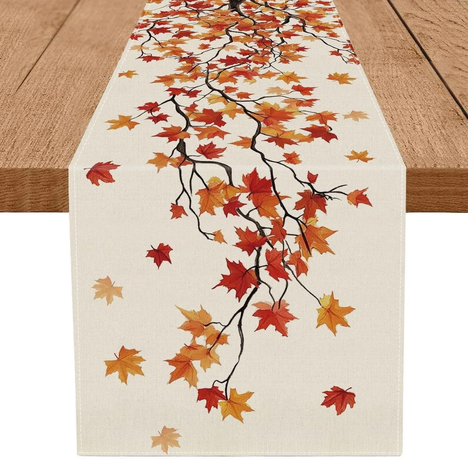 Maple Leaf Burlap Table Runner Autumn Farmhouse Dining Table Decor 260x33 Cm