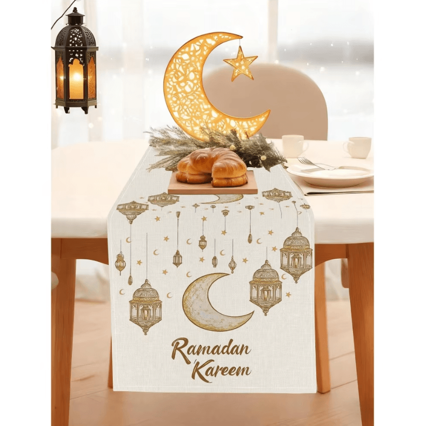 Ramadan Kareem Linen Table Runner Moon, Stars & Lantern Eid Dining Decor 01 275x33cm 108x13inch