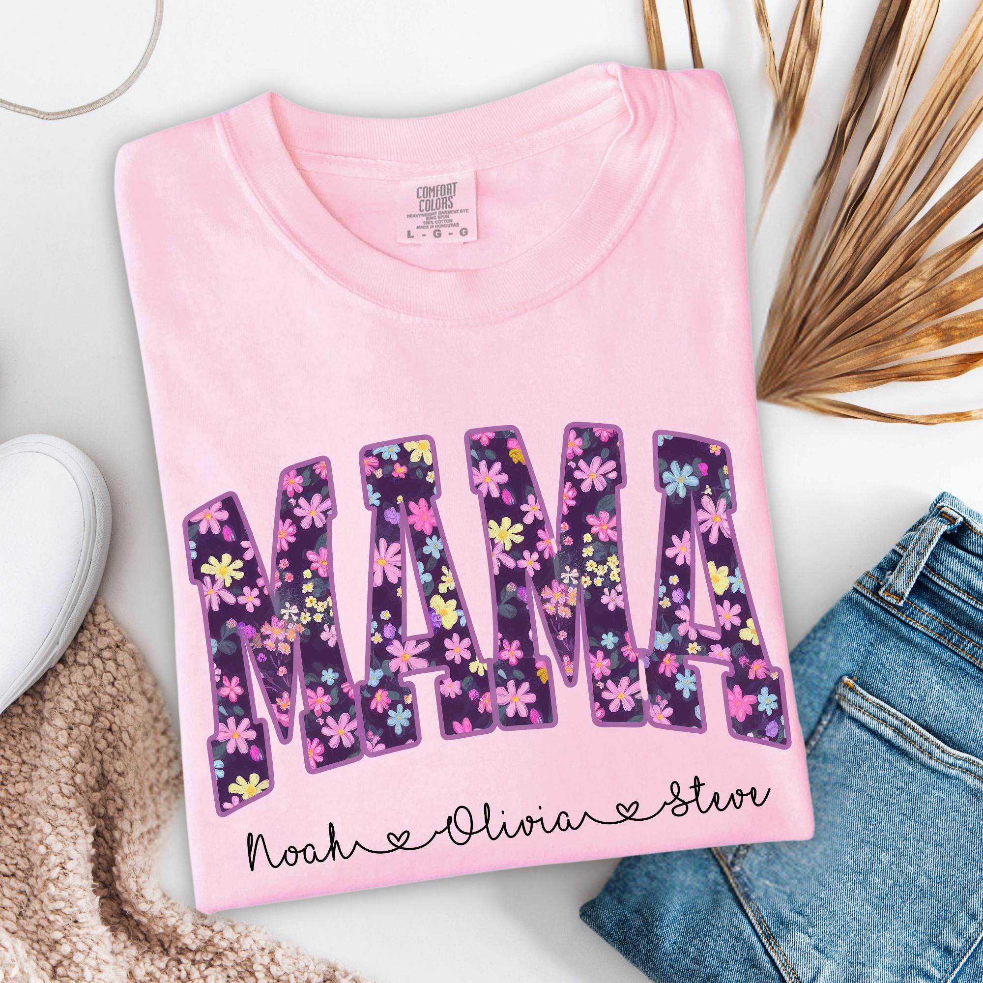 Personalized Mama Floral Print Shirt Custom Mom Name Graphic Tee Cute Everyday T Shirt mustard m sweatshirt