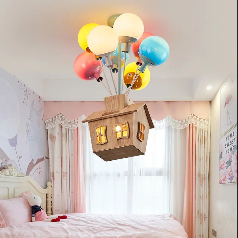 Whimsical Balloon House Kids Room Chandelier Wooden Ceiling Light d 8 Heads warm Light