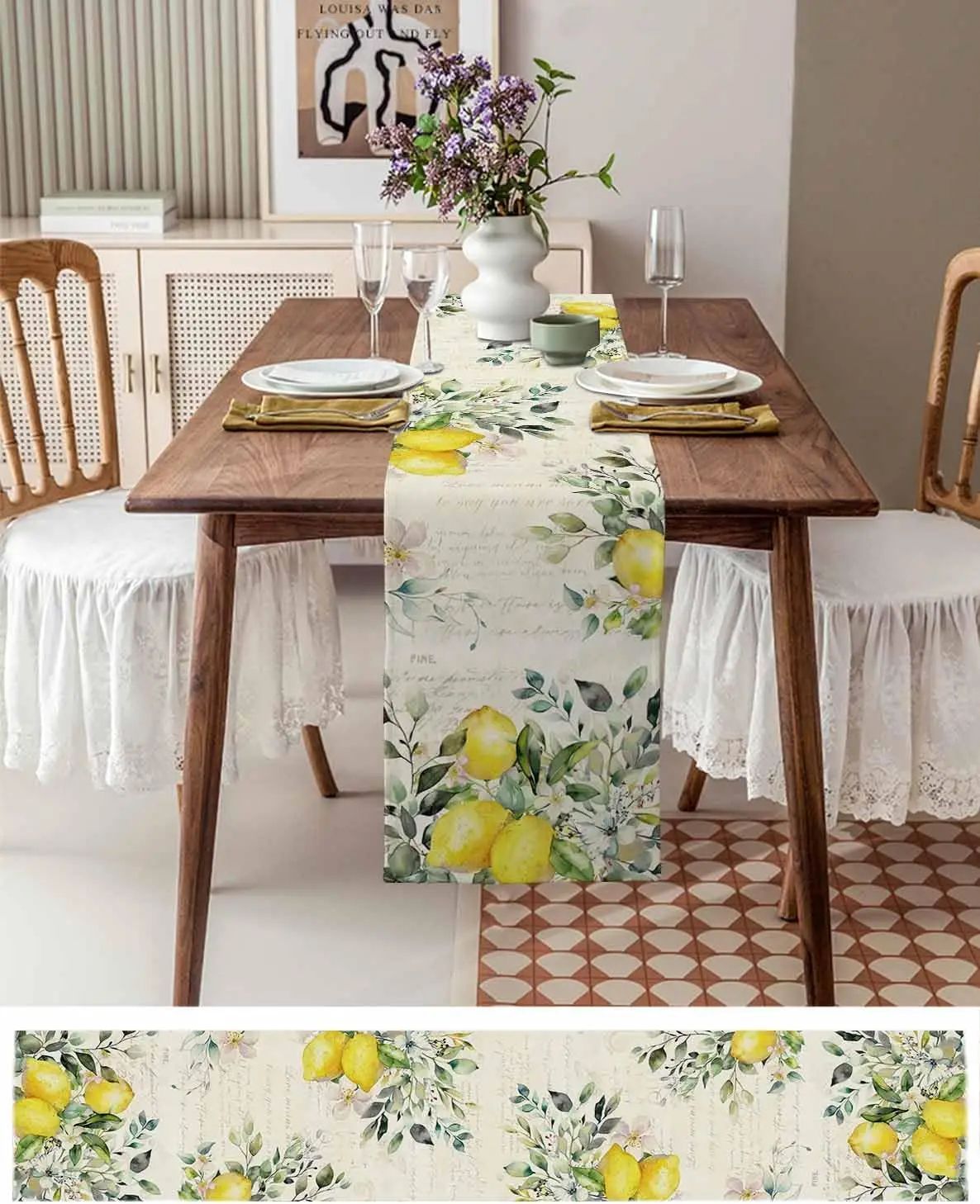 Green Eucalyptus Lemon Linen Table Runner Seasonal Floral Table Runner For Dining & Holiday Decor 200x33cm 78.7x13inch