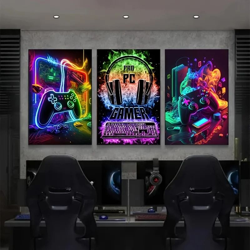 3 Piece Gaming Room Canvas Prints | Punk Style Gamepad Wall Art 20 X 28 In