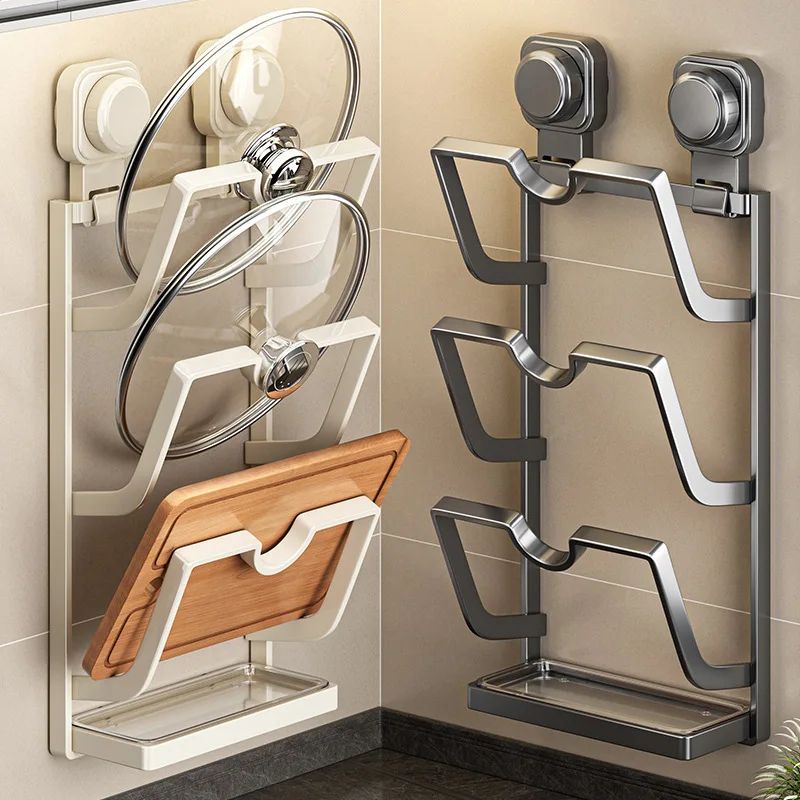 Wall Mounted Cutting Board And Pot Lid Rack With Suction Cup Storage b