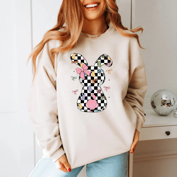 Checkered Easter Bunny Shirt Coquette Preppy Spring Comfort Colors Tee For Women & Teens yellow 3xl sweatshirt