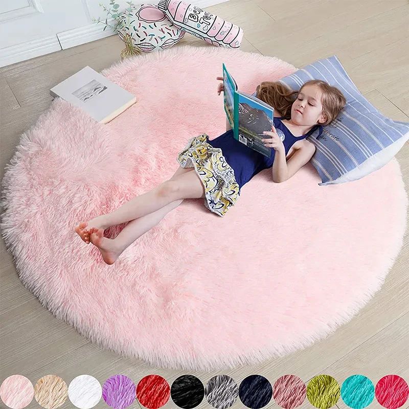 Fluffy Round Shaggy Rug Soft Plush Carpet For Bedroom Nursery And Living Room off White 47.24 Inches