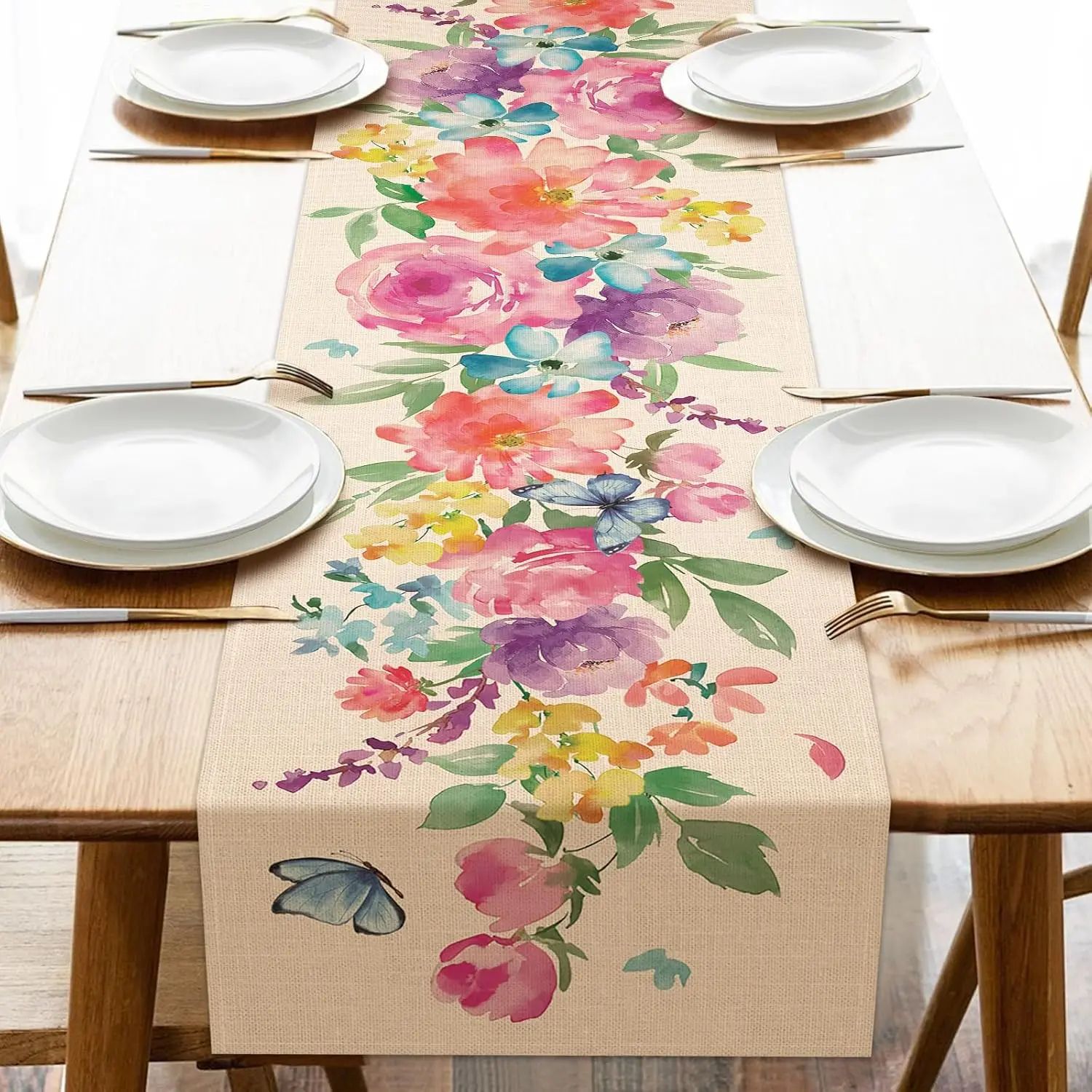 Spring Floral Linen Table Runner With Butterfly Design Elegant Table Decor For Dining & Events 275x33cm 108x13inch