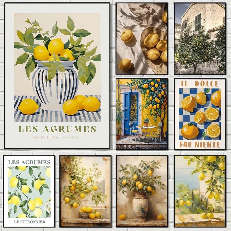Retro Lemon Garden Canvas Art Fresh Citrus & Olive Tree Wall Prints For Modern Living Rooms, Offices, & Summer Home De style 5 8 X 12 In (20x30cm)